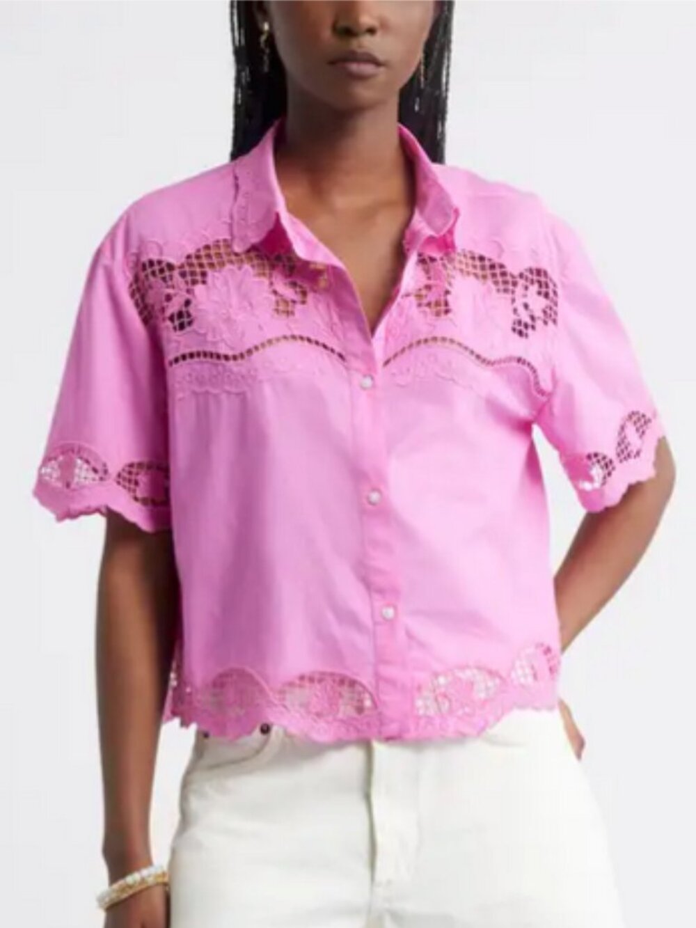Treasure & Bond Embroidered Cutwork Cotton Camp Shirt in "Pink Surprise"
